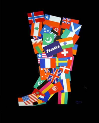  Poster by Herbert Leupin, 1961. Representing every country in which Bata shoes were marketed. 